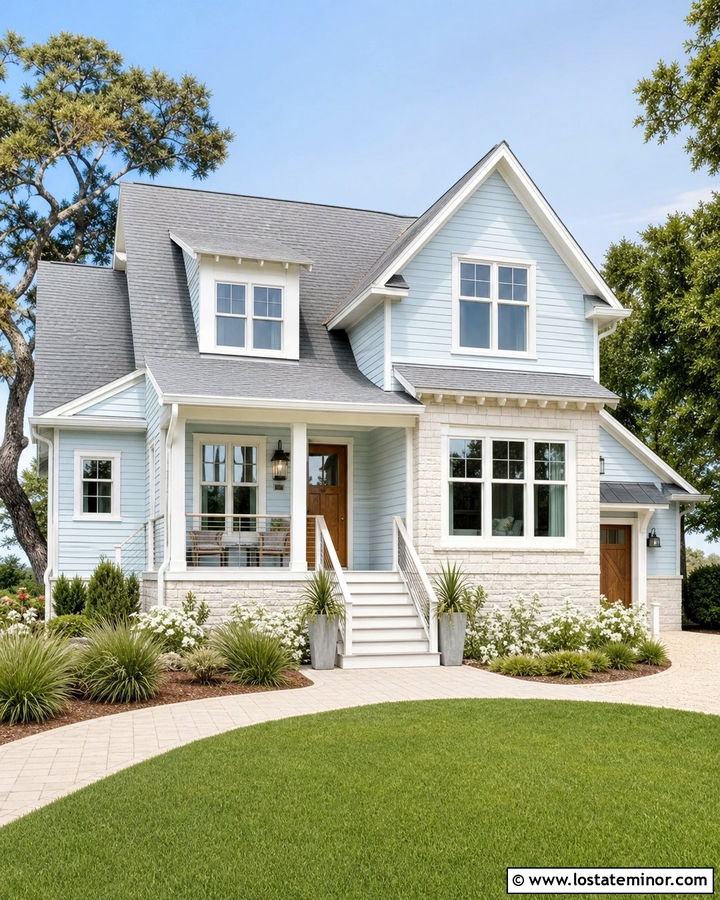 Light Blue House With White Stone Wainscoting - 30 Stone House Design With Wainscoting Ideas