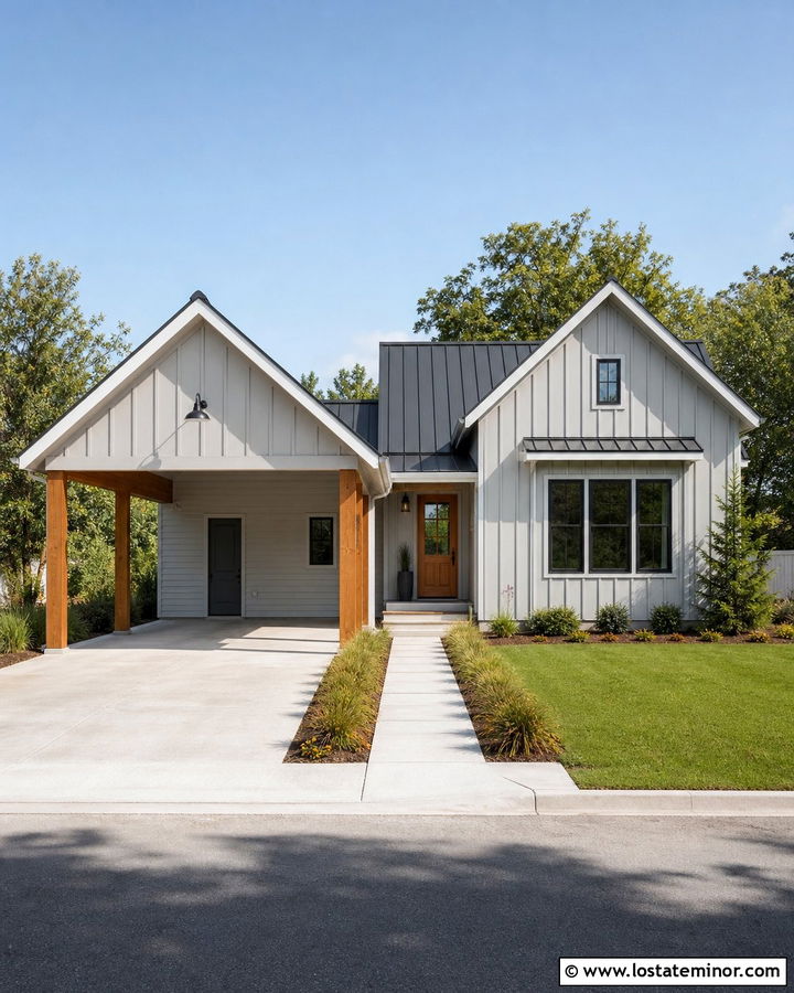 Light Gray Board And Batten House With Carport - 30 Light Grey House Design With Carport Ideas