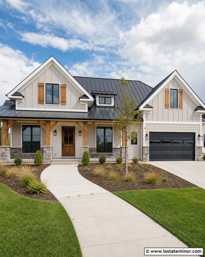 Light Gray Board And Batten House With Cedar Shutters - 30 Light Grey House Design With Shutters Ideas