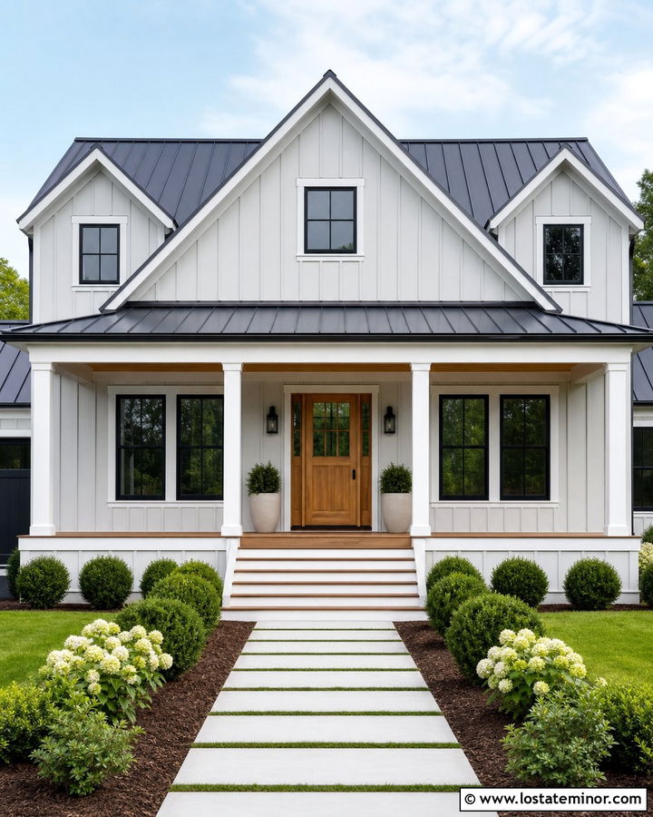 Light Gray Board And Batten House With Wide Porch Steps - 30 Light Grey House Design With Steps Ideas