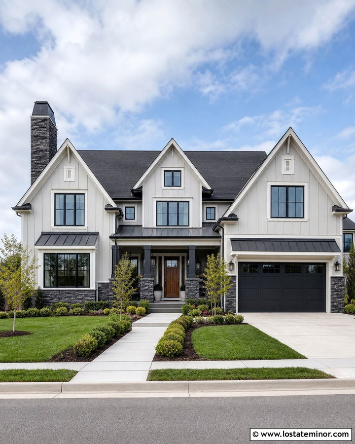 Light Gray Board and Batten With Dark Stone - 30 Stone House Design With Board and Batten Ideas