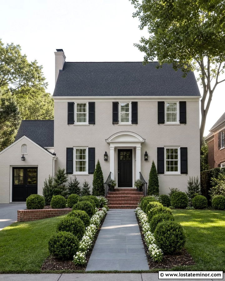 Light Gray Brick House With Black Shutters - 30 Light Grey House Design With Shutters Ideas