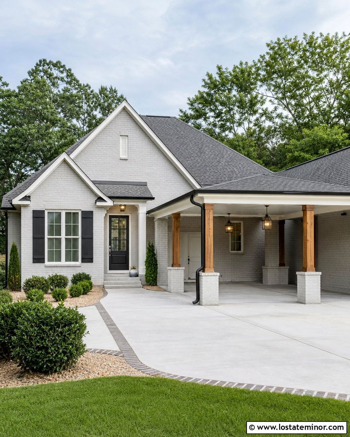 Light Gray Brick House With Carport - 30 Light Grey House Design With Carport Ideas