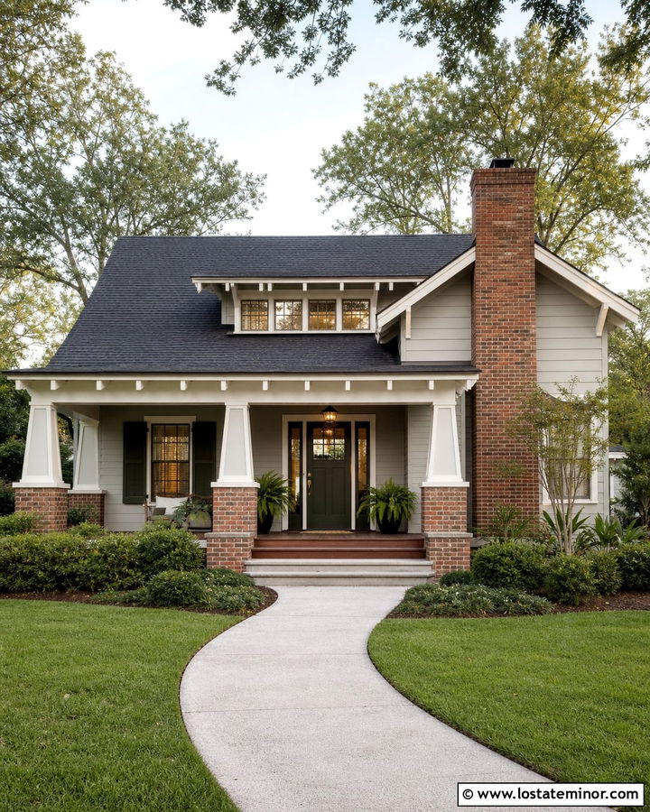 Light Gray Bungalow With Clinker Brick Chimney - 30 Light Grey House Design With Chimney Ideas
