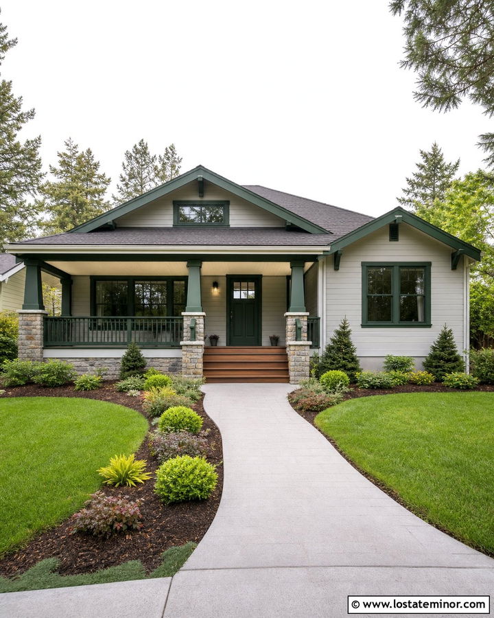 Light Gray Bungalow With Dark Green Trim - 30 Light Grey House Design With Trim Ideas