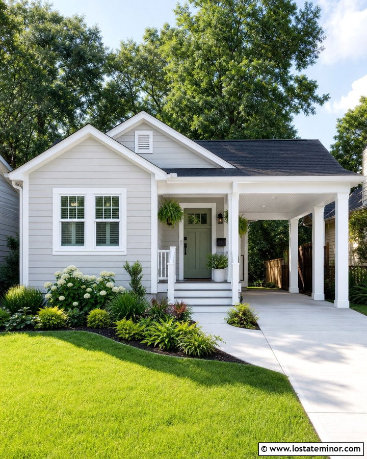Light Gray Bungalow With White Carport - 30 Light Grey House Design With Carport Ideas