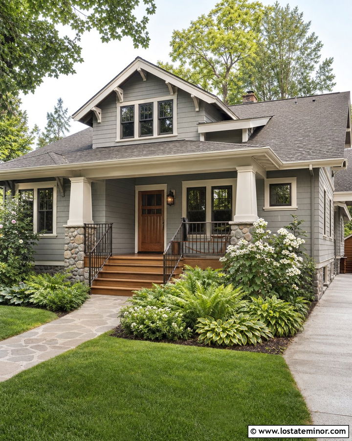 Light Gray Bungalow With Wooden Porch Steps - 30 Light Grey House Design With Steps Ideas