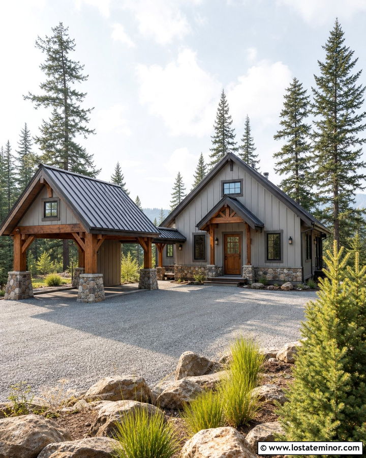 Light Gray Cabin House With Carport - 30 Light Grey House Design With Carport Ideas