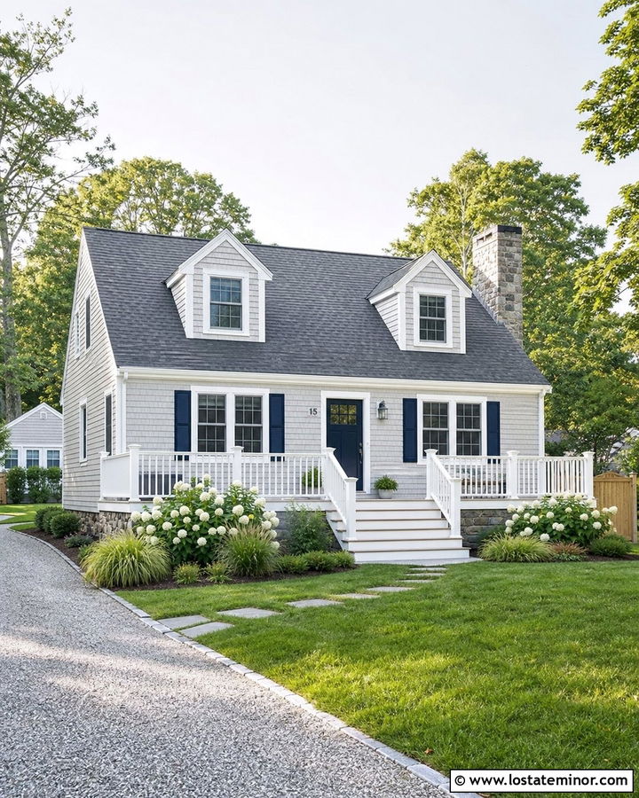 Light Gray Cape Cod House With Deck - 30 Light Grey House Design With Deck Ideas