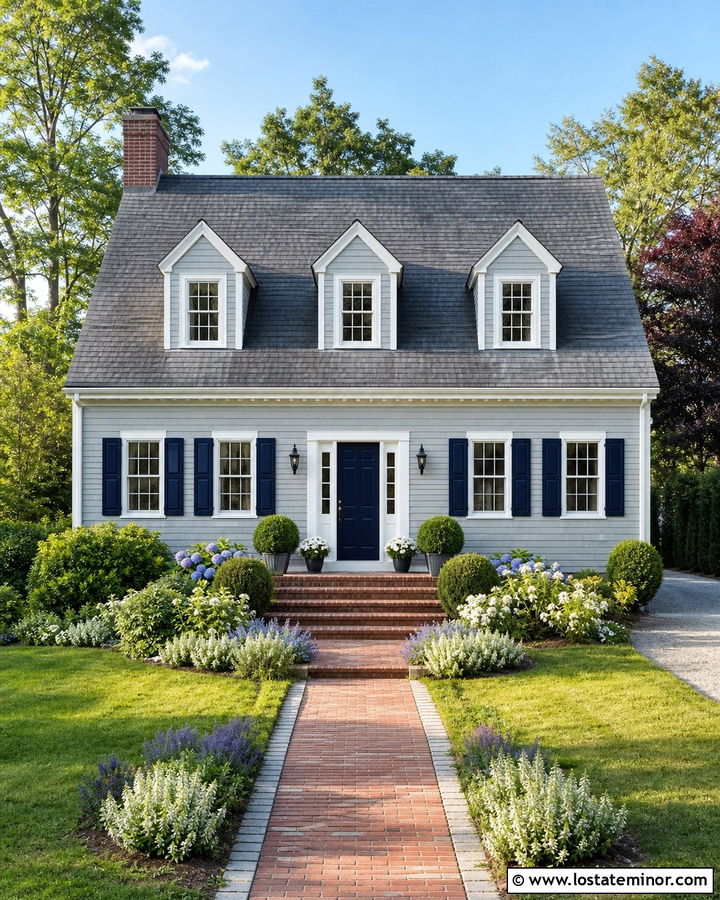 Light Gray Cape Cod House With Red Brick Steps - 30 Light Grey House Design With Steps Ideas