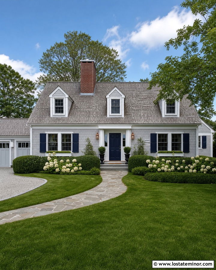 Light Gray Cape Cod With Navy Shutters - 30 Light Grey House Design With Shutters Ideas