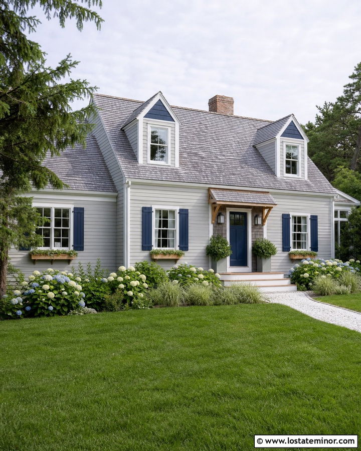 Light Gray Cape Cod With Navy Trim - 30 Light Grey House Design With Trim Ideas