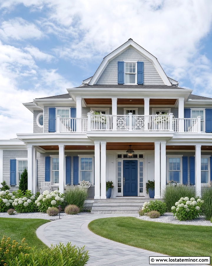 Light Gray Coastal House With Blue Shutters - 30 Light Grey House Design With Shutters Ideas