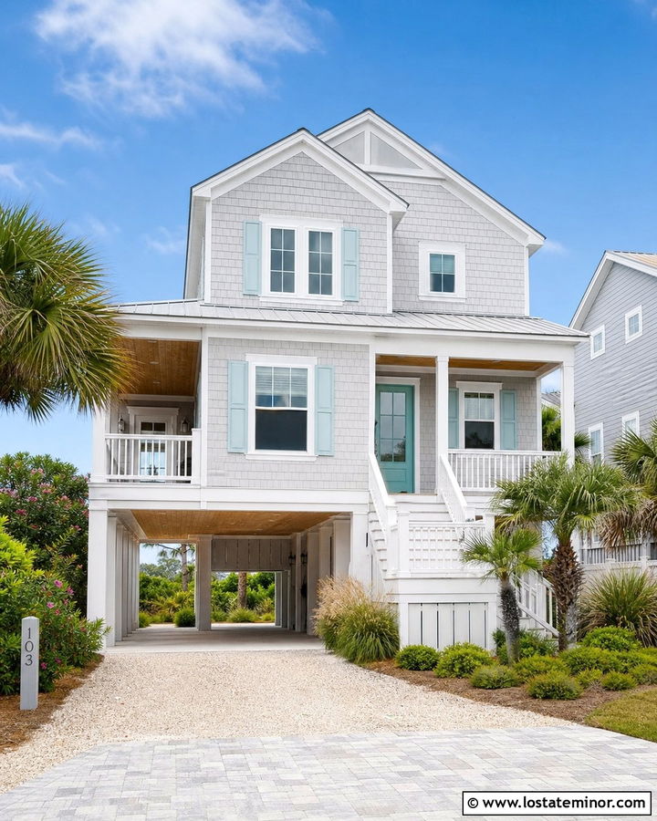 Light Gray Coastal House With Carport - 30 Light Grey House Design With Carport Ideas