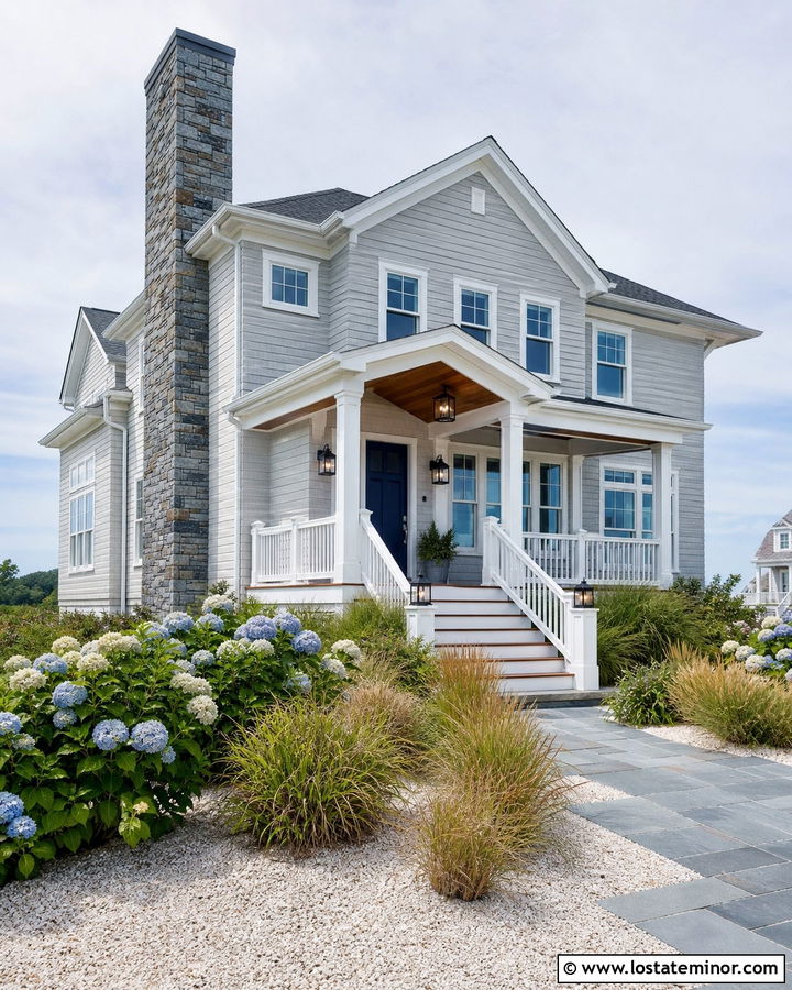 Light Gray Coastal House With Slate Chimney - 30 Light Grey House Design With Chimney Ideas