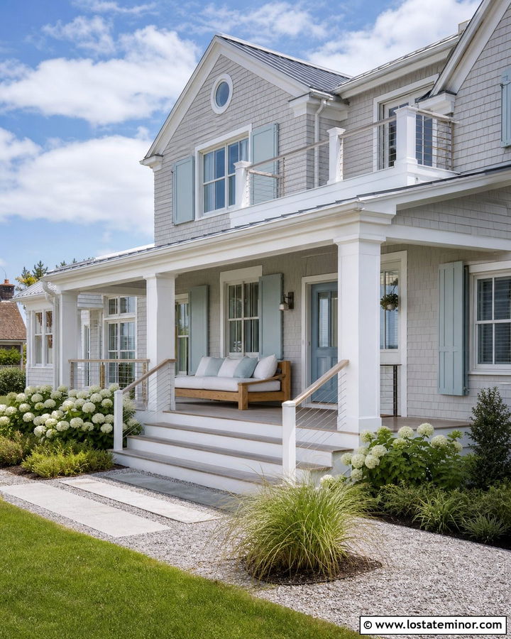 Light Gray Coastal House With Teak Daybed - 30 Light Grey House Design With Daybed Ideas