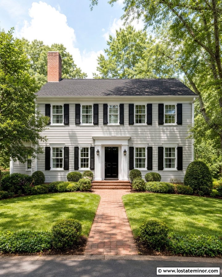 Light Gray Colonial House With Red Brick Chimney - 30 Light Grey House Design With Chimney Ideas