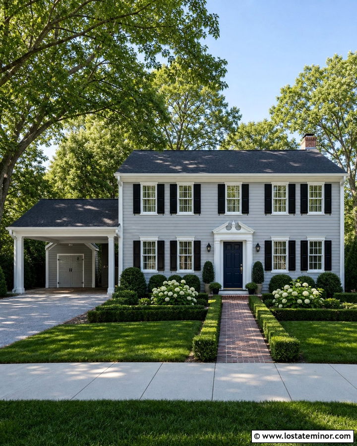 Light Gray Colonial House With Side Carport - 30 Light Grey House Design With Carport Ideas