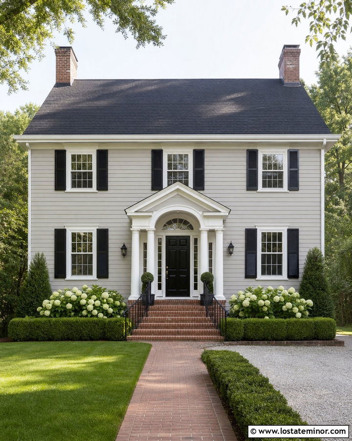 Light Gray Colonial House With White Trim And Brick Steps - 30 Light Grey House Design With Steps Ideas