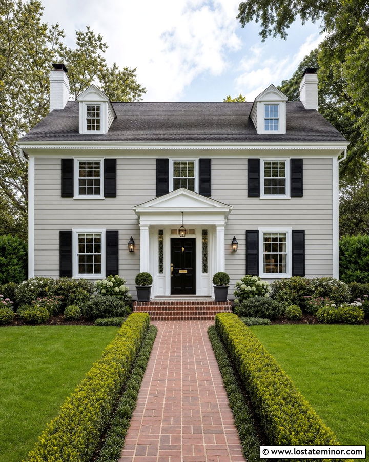 Light Gray Colonial With Black Shutters - 30 Light Grey House Design With Trim Ideas