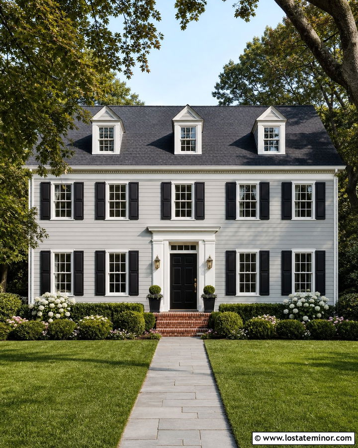 Light Gray Colonial With Black Shutters - 30 Light Grey House Design With Shutters Ideas