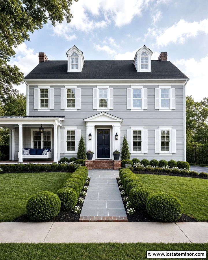 Light Gray Colonial With Navy Porch Daybed - 30 Light Grey House Design With Daybed Ideas