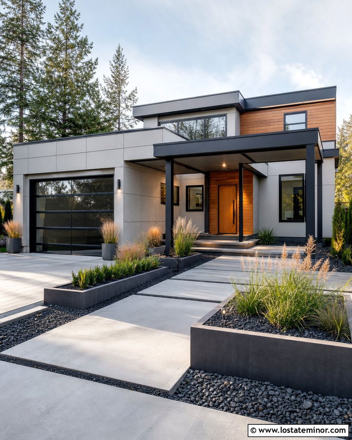 Light Gray Contemporary House With Black Steel Carport - 30 Light Grey House Design With Carport Ideas