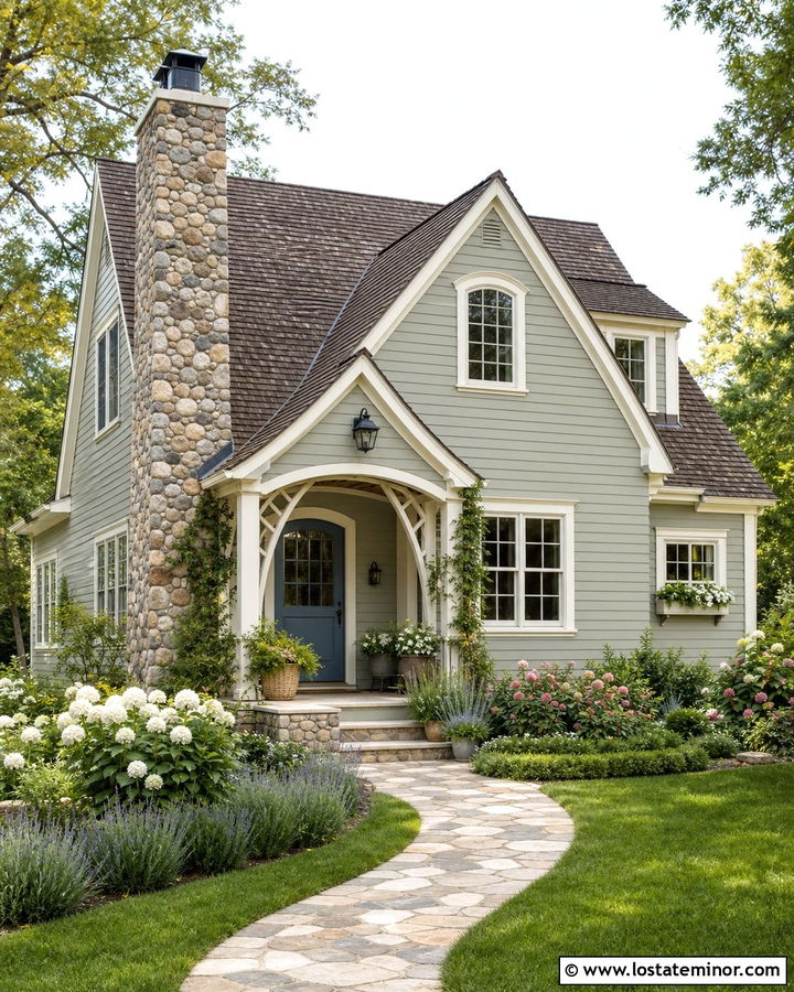 Light Gray Cottage House With Cobblestone Chimney - 30 Light Grey House Design With Chimney Ideas