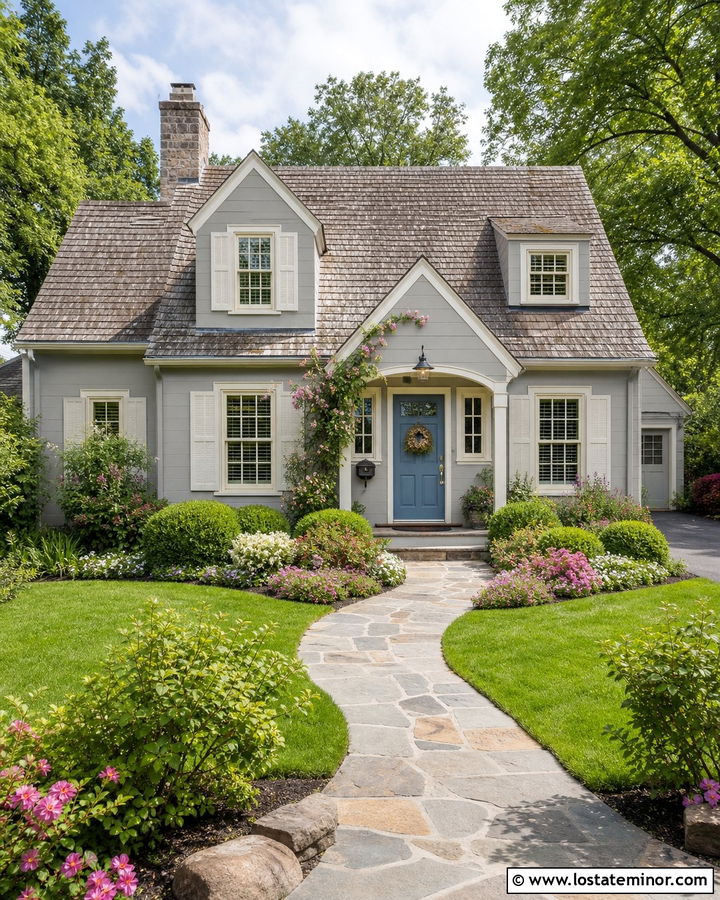Light Gray Cottage With Cream Shutters - 30 Light Grey House Design With Shutters Ideas