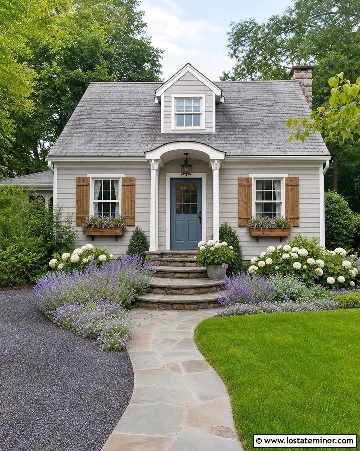 Light Gray Cottage With Curved Flagstone Steps - 30 Light Grey House Design With Steps Ideas