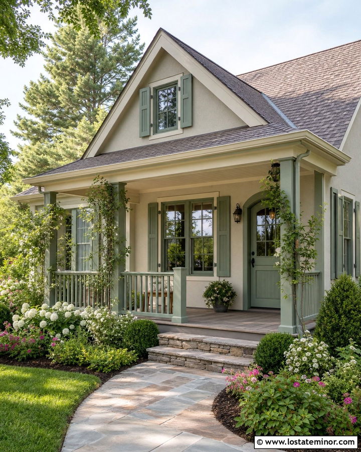 Light Gray Cottage With Sage Trim - 30 Light Grey House Design With Trim Ideas