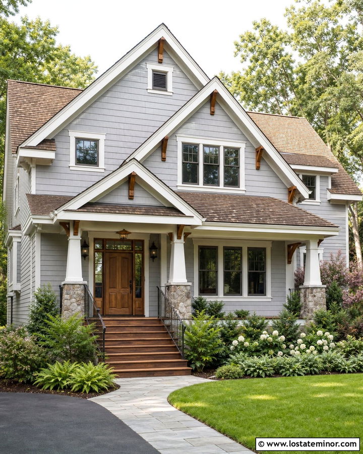 Light Gray Craftsman House With Cedar Porch Steps - 30 Light Grey House Design With Steps Ideas