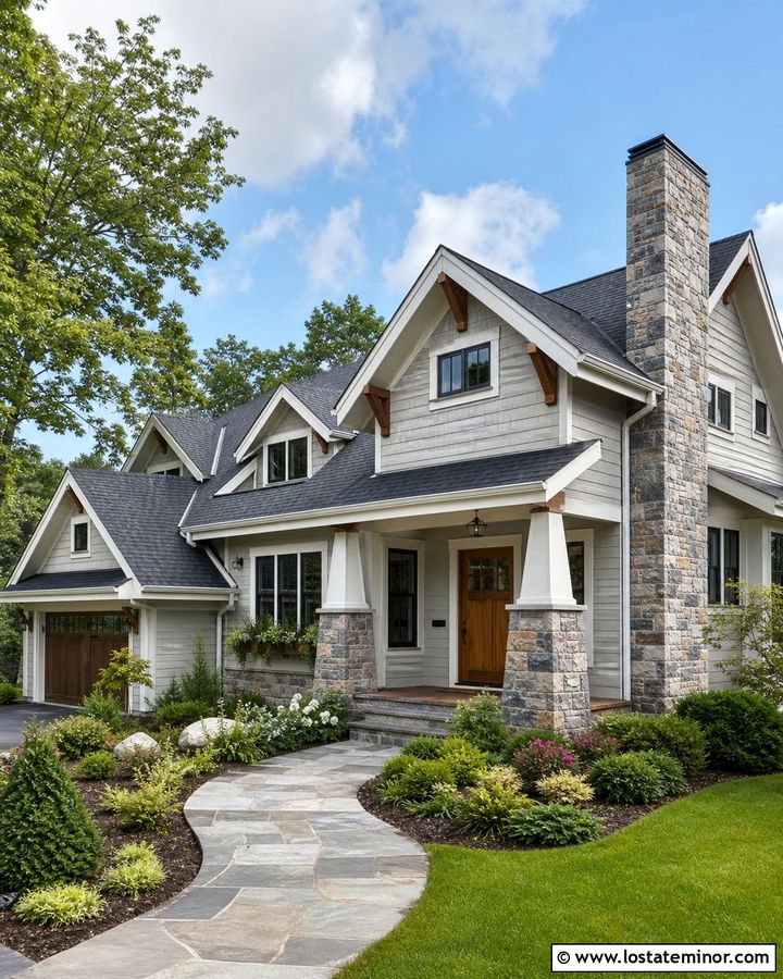 Light Gray Craftsman House With Stone Chimney - 30 Light Grey House Design With Chimney Ideas