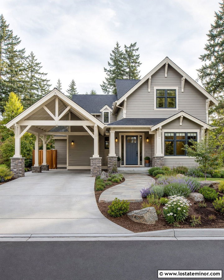 Light Gray Craftsman House With Timber Carport - 30 Light Grey House Design With Carport Ideas