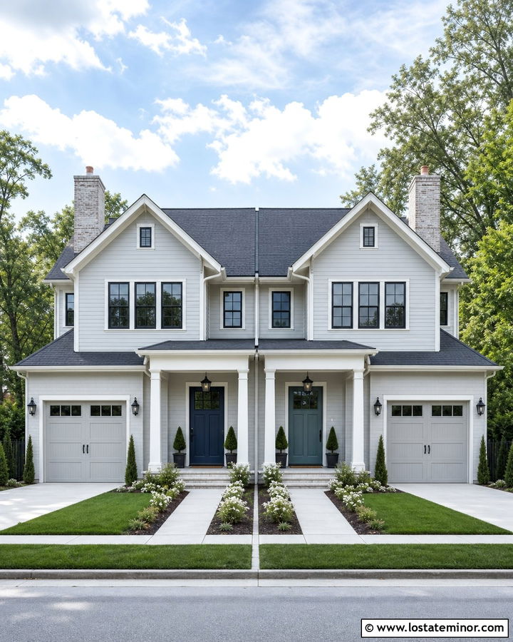 Light Gray Duplex With Matching Brick Chimneys - 30 Light Grey House Design With Chimney Ideas