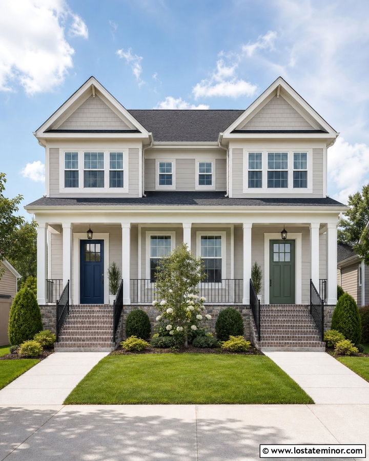 Light Gray Duplex With Symmetrical Front Steps - 30 Light Grey House Design With Steps Ideas
