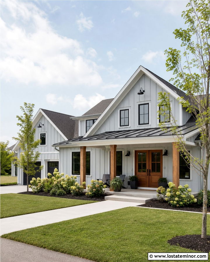 Light Gray Farmhouse With Black And Wood Accents - 30 Light Grey House Design With Accents Ideas