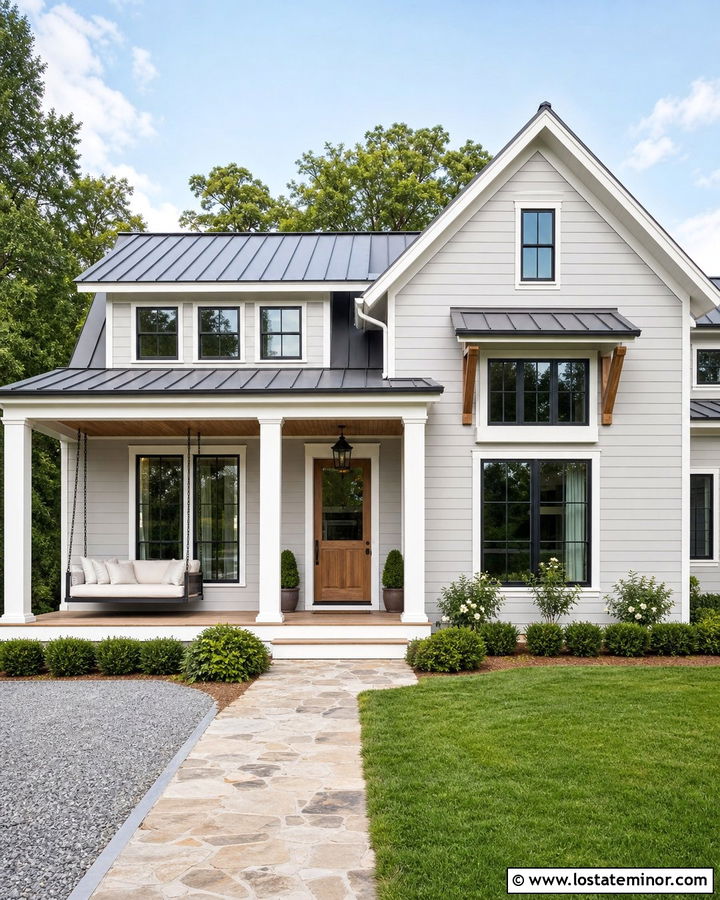 Light Gray Farmhouse With White Porch Daybed - 30 Light Grey House Design With Daybed Ideas
