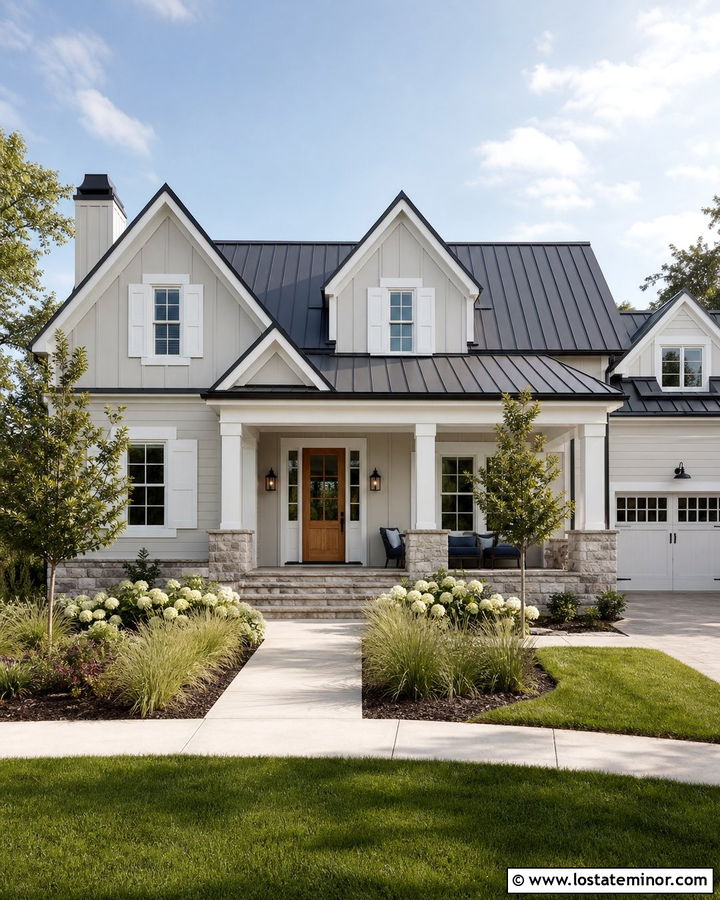 Light Gray Farmhouse With White Shutters - 30 Light Grey House Design With Shutters Ideas