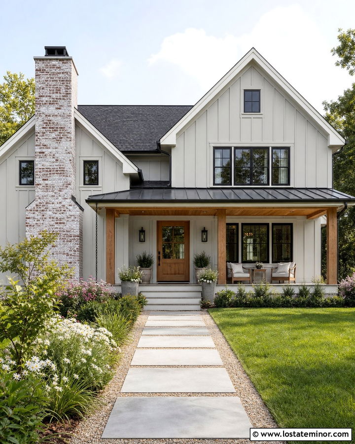 Light Gray Farmhouse With Whitewashed Brick Chimney - 30 Light Grey House Design With Chimney Ideas