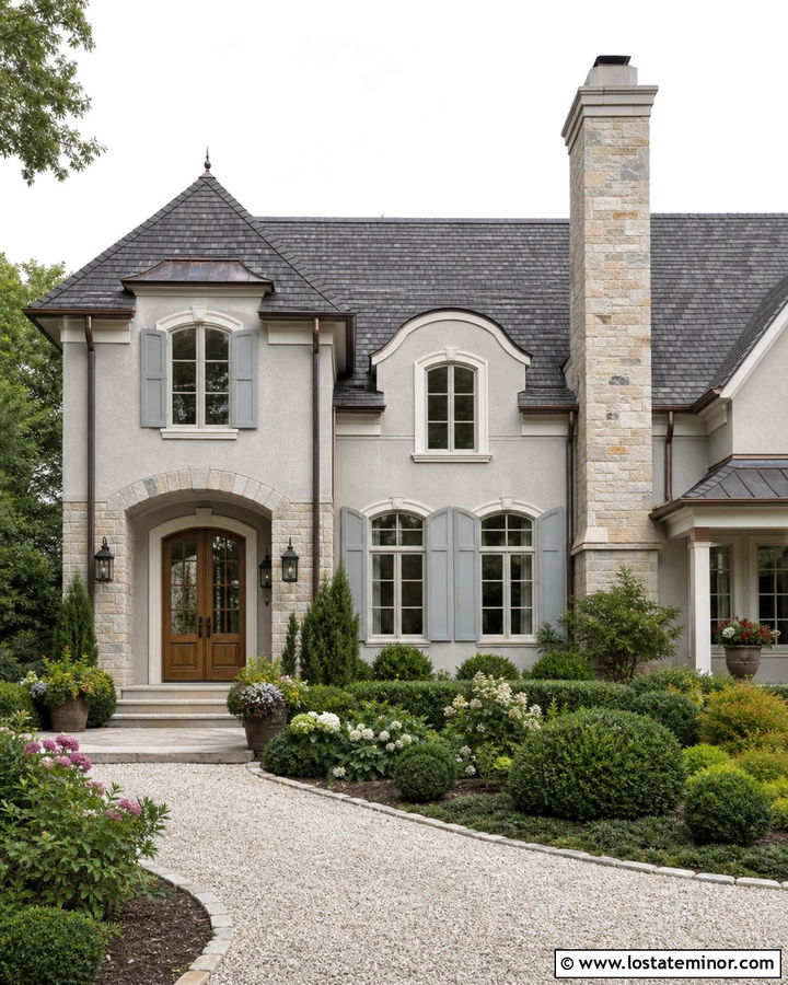 Light Gray French Country House With Limestone Chimney - 30 Light Grey House Design With Chimney Ideas