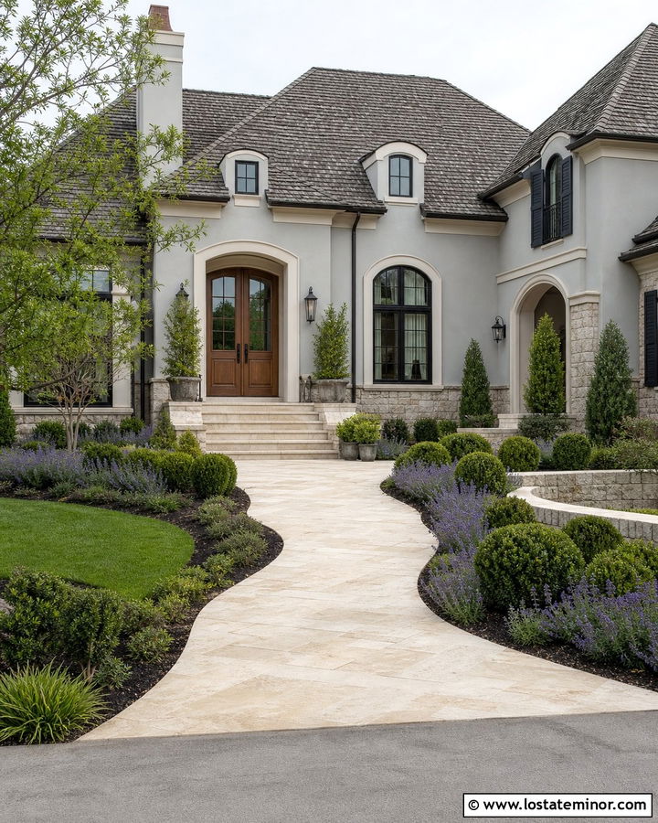 Light Gray French Country House With Limestone Steps - 30 Light Grey House Design With Steps Ideas