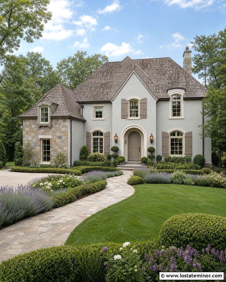 Light Gray French Country House With Taupe Shutters - 30 Light Grey House Design With Shutters Ideas