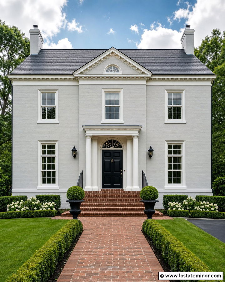 Light Gray Georgian House With Black Door And Brick Steps - 30 Light Grey House Design With Steps Ideas