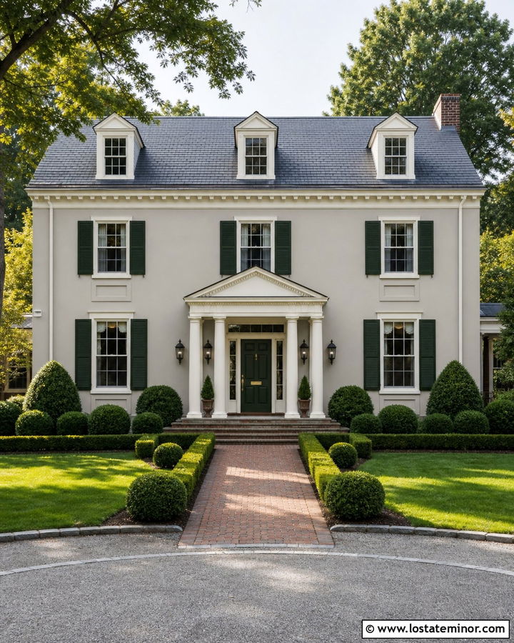 Light Gray Georgian House With Green Shutters - 30 Light Grey House Design With Shutters Ideas
