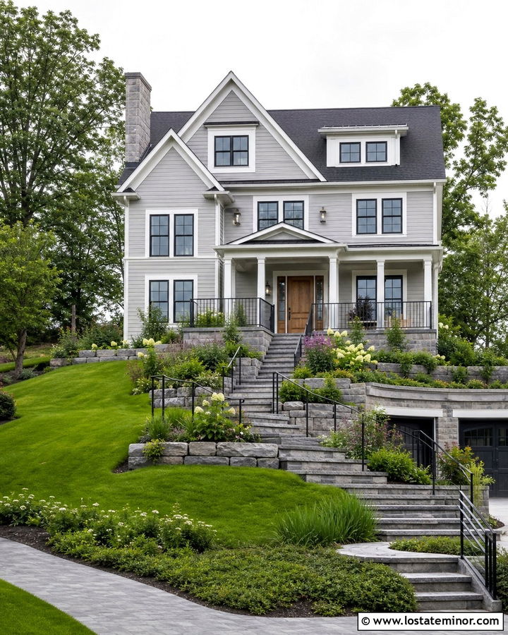 Light Gray Hillside House With Stone Retaining Steps - 30 Light Grey House Design With Steps Ideas