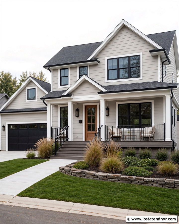 Light Gray House With Black Metal Railing Deck - 30 Light Grey House Design With Deck Ideas