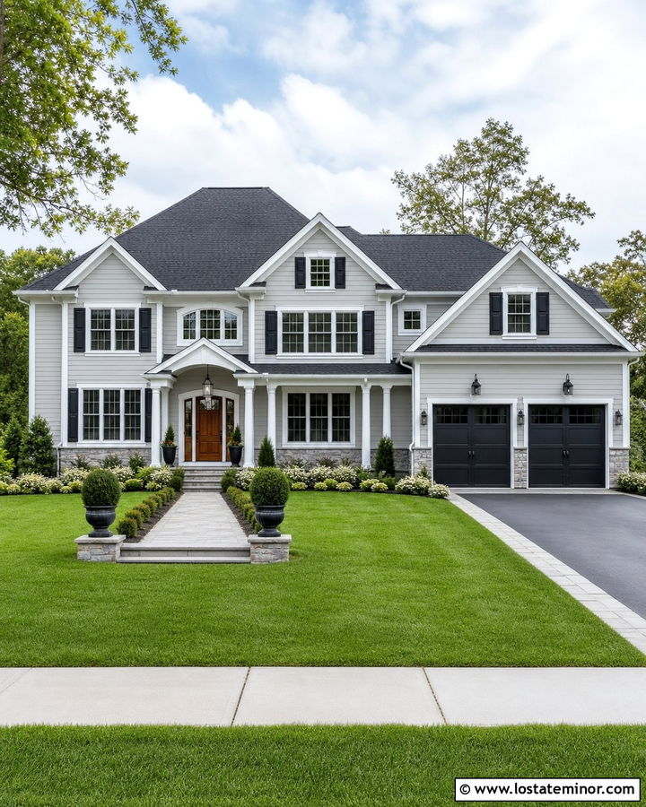 Light Gray House With Black Shutters And Garage Doors - 30 Light Grey House Design With Shutters Ideas
