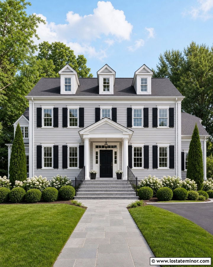 Light Gray House With Black Shutters And Granite Steps - 30 Light Grey House Design With Steps Ideas