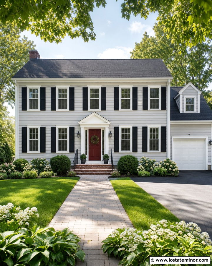 Light Gray House With Black Shutters And Red Door - 30 Light Grey House Design With Shutters Ideas